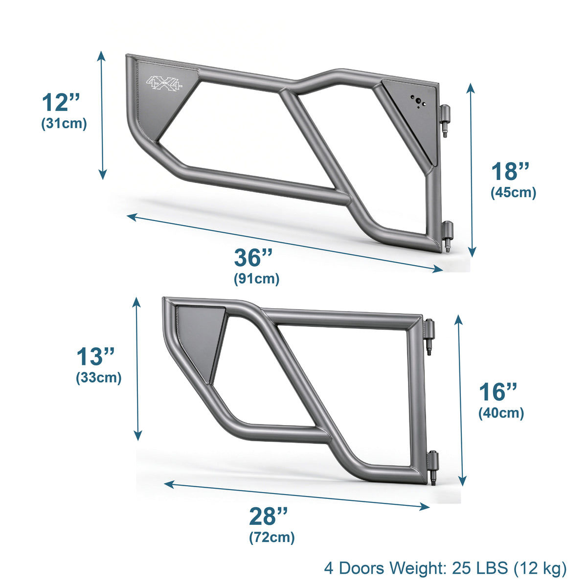 Technical diagram of the EZ4X4 Razor Tube Doors for Jeep JKU Wrangler shown with labeled dimensions.