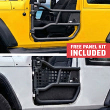 Yellow and white 2-door Jeep Wranglers with EZ4X4 Alpha Tube Doors, white model showing MOLLE Panel Set, free panel kit included.