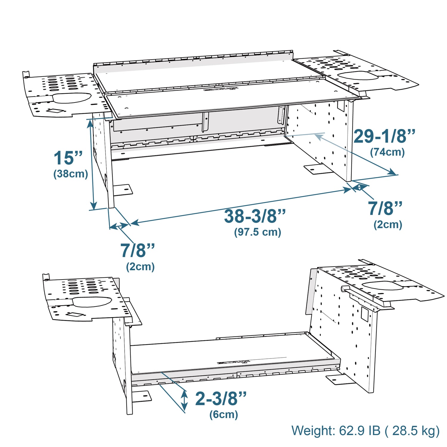 Technical diagram of the EZ4X4 Extreme EZTRUNK for Jeep Wrangler JKU shown expanded and folded with labeled dimensions.
