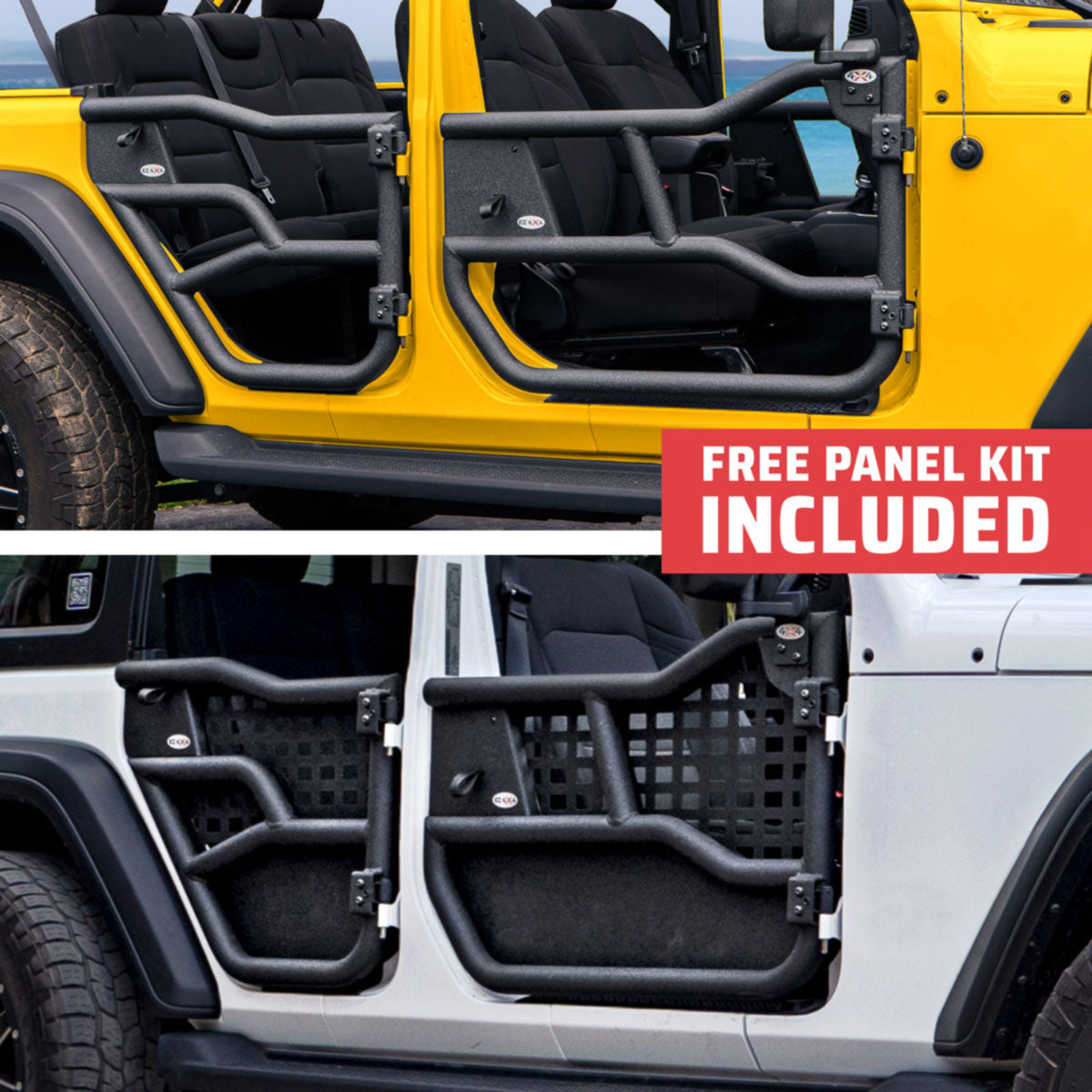 Yellow and white 4-door Jeep Wranglers with EZ4X4 Alpha Tube Doors, white model showing MOLLE Panel Set, free panel kit included.