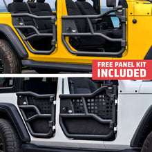 Yellow and white 4-door Jeep Wranglers with EZ4X4 Alpha Tube Doors, white model showing MOLLE Panel Set, free panel kit included.