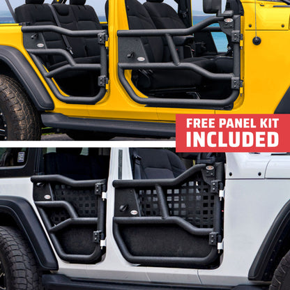 Yellow and white 4-door Jeep Wranglers with EZ4X4 Alpha Tube Doors, white model showing MOLLE Panel Set, free panel kit included.