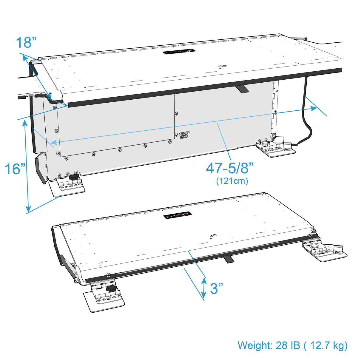 Technical diagram of the EZ4X4 EZTRUNK for JLU Jeep Wranglers shown expanded and folded with labeled dimensions.