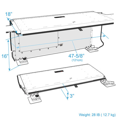 Technical diagram of the EZ4X4 EZTRUNK for JLU Jeep Wranglers shown expanded and folded with labeled dimensions.