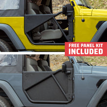 Yellow and gray 2-door Jeep Wranglers with EZ4X4 Phantom Tube Doors, gray model showing All-Weather Panels, free panel kit included.