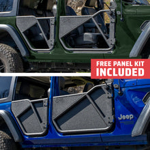 Green and blue 4-door Jeep Wranglers with EZ4X4 Phantom Tube Doors, blue model showing All-Weather Panels, free panel kit included.