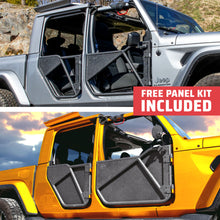 Gray and yellow 4-door Jeep Gladiators with EZ4X4 Phantom Tube Doors, yellow model showing All-Weather Panels, free panel kit included.