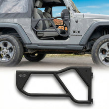Grey 2-door Jeep Wrangler with EZ4X4 Razor tube door installed, with standalone Razor door shown below.