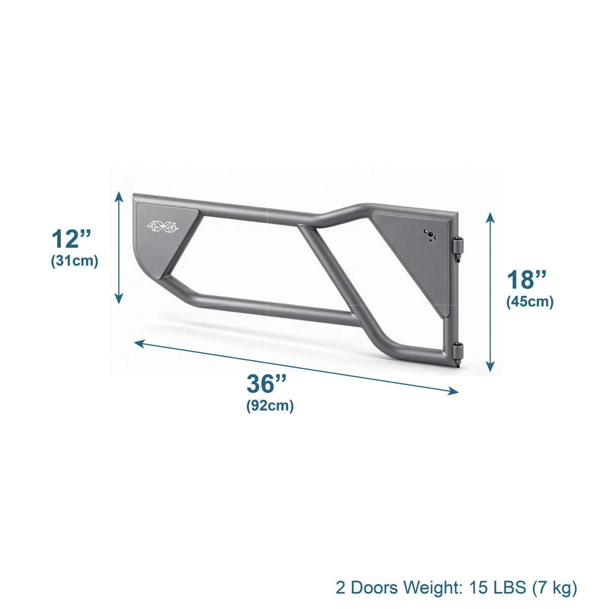 Technical diagram of the EZ4X4 Razor Tube Doors for Jeep JL Wrangler shown with labeled dimensions.