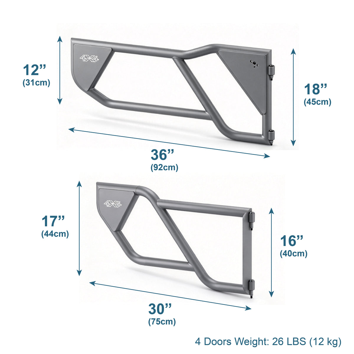 Technical diagram of the EZ4X4 Razor Tube Doors for Jeep JLU Wrangler and JT Gladiator shown with labeled dimensions.