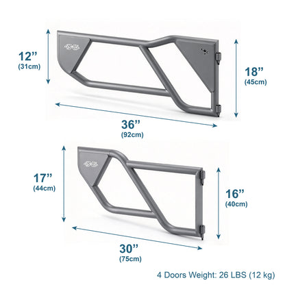 Technical diagram of the EZ4X4 Razor Tube Doors for Jeep JLU Wrangler and JT Gladiator shown with labeled dimensions.