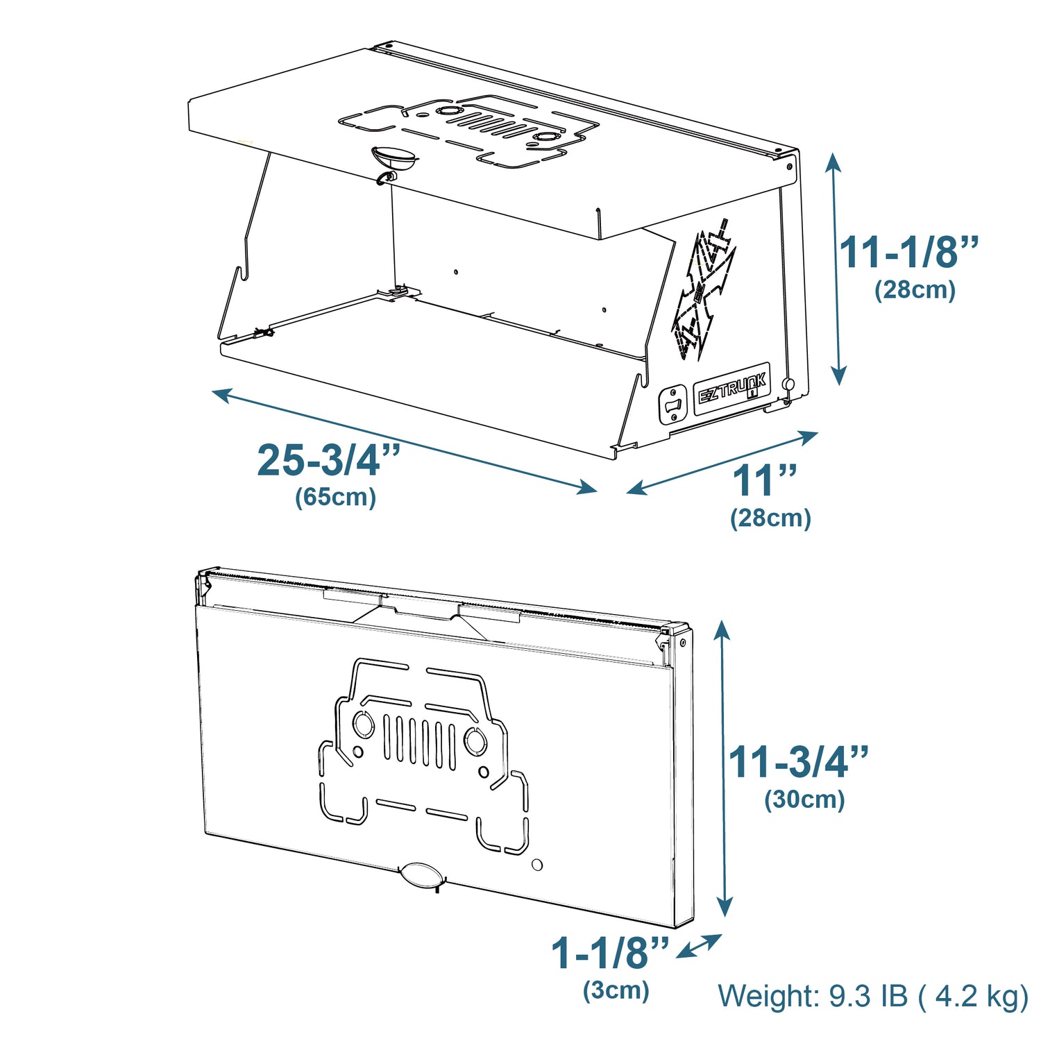 Technical diagram of the EZ4X4 Double Level Tailgate Table shown expanded and folded with labeled dimensions.