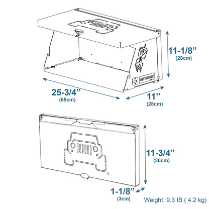 Technical diagram of the EZ4X4 Double Level Tailgate Table shown expanded and folded with labeled dimensions.