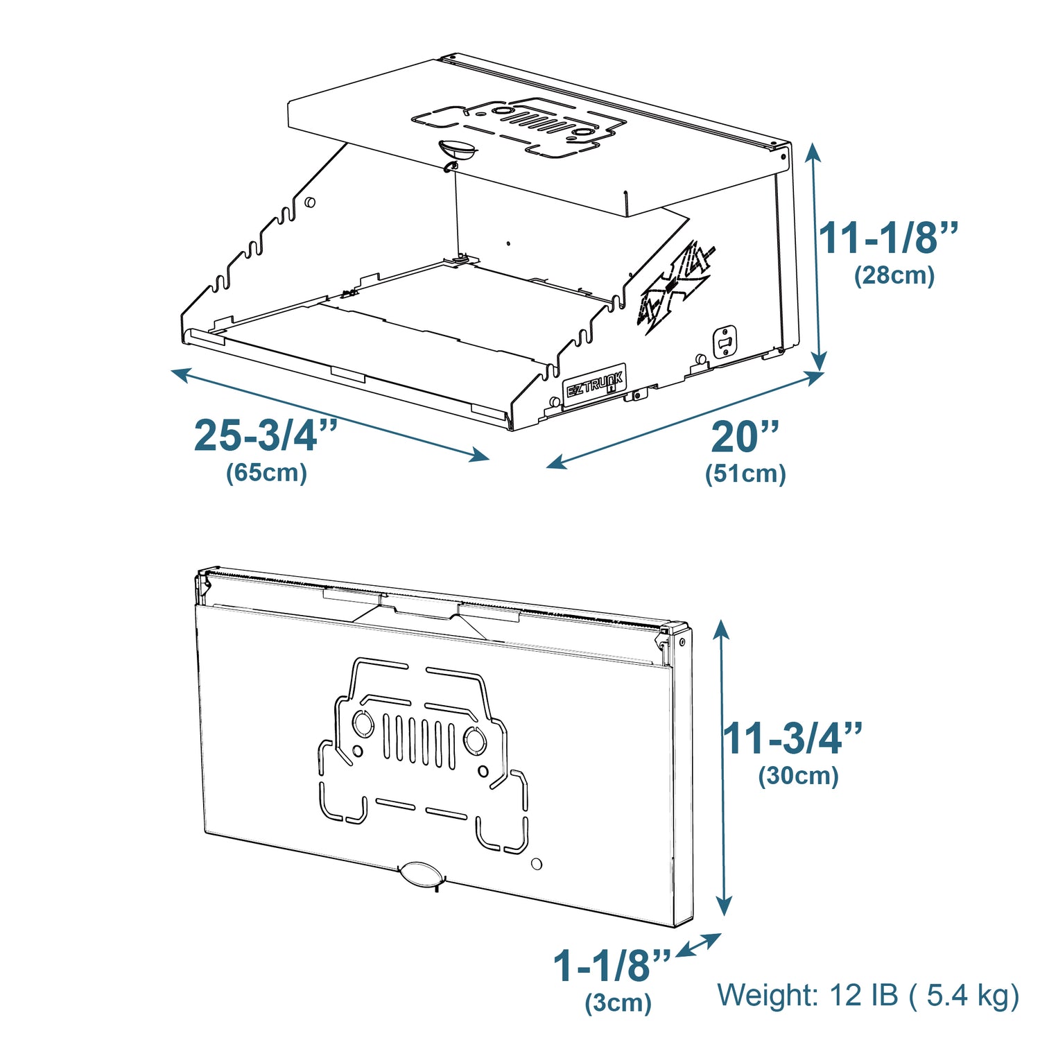 Technical diagram of the EZ4X4 Extreme Level Tailgate Table shown expanded and folded with labeled dimensions.