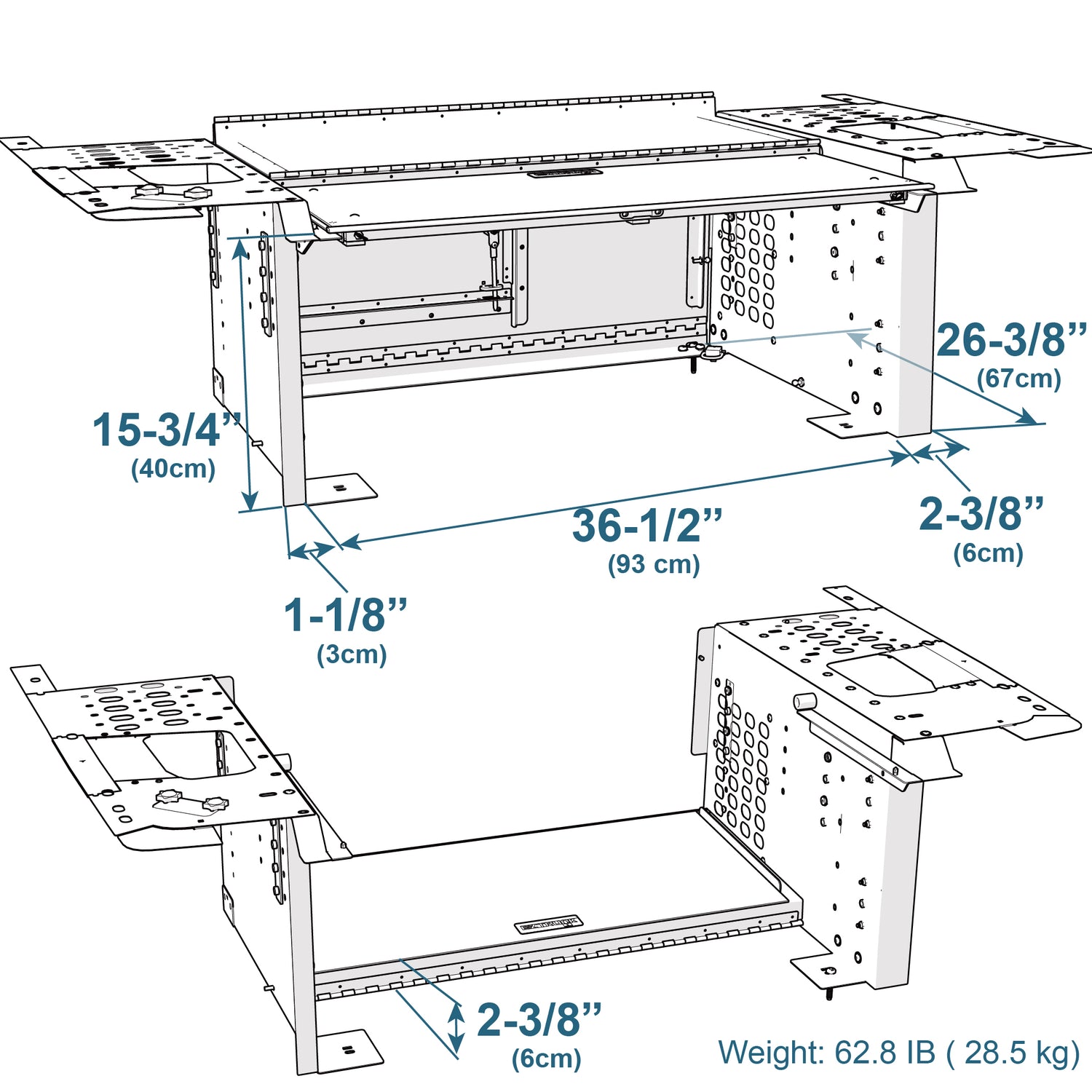 Technical diagram of the EZ4X4 Extreme EZTRUNK for Jeep Wrangler JLU shown expanded and folded with labeled dimensions.
