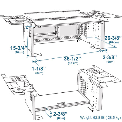 Technical diagram of the EZ4X4 Extreme EZTRUNK for Jeep Wrangler JLU shown expanded and folded with labeled dimensions.