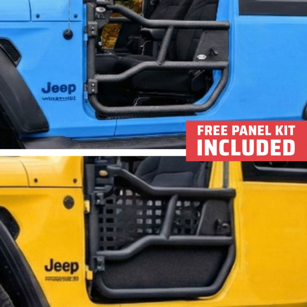 Blue and yellow 2-door Jeep Wranglers with EZ4X4 Alpha Tube Doors, yellow model showing MOLLE Panel Set, free panel kit included.