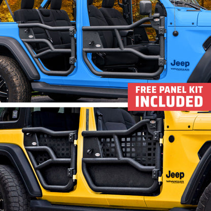 Blue and yellow 4-door Jeep Wranglers with EZ4X4 Alpha Tube Doors, yellow model showing MOLLE Panel Set, free panel kit included.