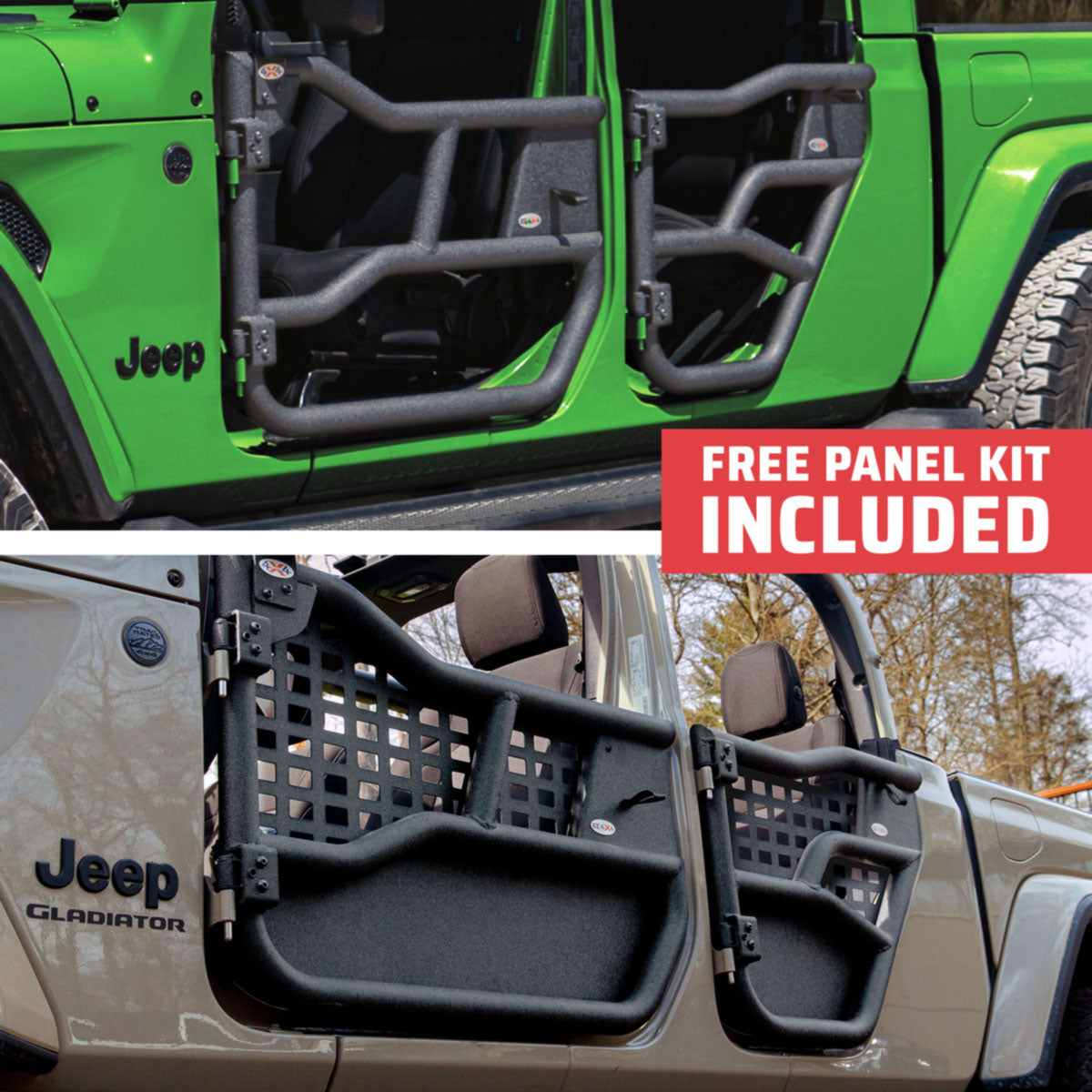 Green and brown 4-door Jeep Gladiators with EZ4X4 Alpha Tube Doors, brown model showing MOLLE Panel Set, free panel kit included.