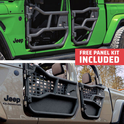 Green and brown 4-door Jeep Gladiators with EZ4X4 Alpha Tube Doors, brown model showing MOLLE Panel Set, free panel kit included.