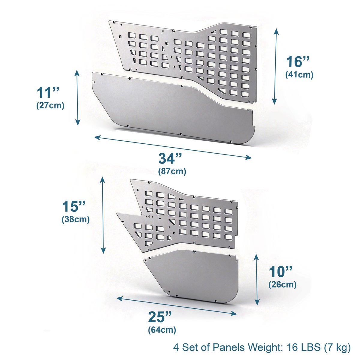 Technical diagram of the EZ4X4 MOLLE Panels for Jeep JLU Wrangler and JT Gladiator shown with labeled dimensions.
