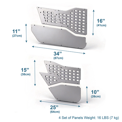 Technical diagram of the EZ4X4 MOLLE Panels for Jeep JLU Wrangler and JT Gladiator shown with labeled dimensions.