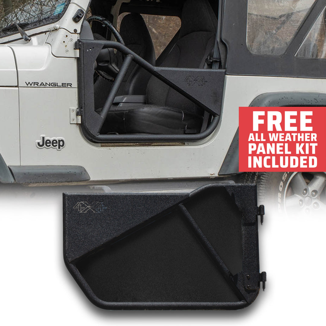 White Jeep Wrangler equipped with black EZ4X4 Phantom Tube Doors, with an additional set of doors and included all-weather panels displayed on a white background. Text reads “Free All-Weather Panel Kit Included.”