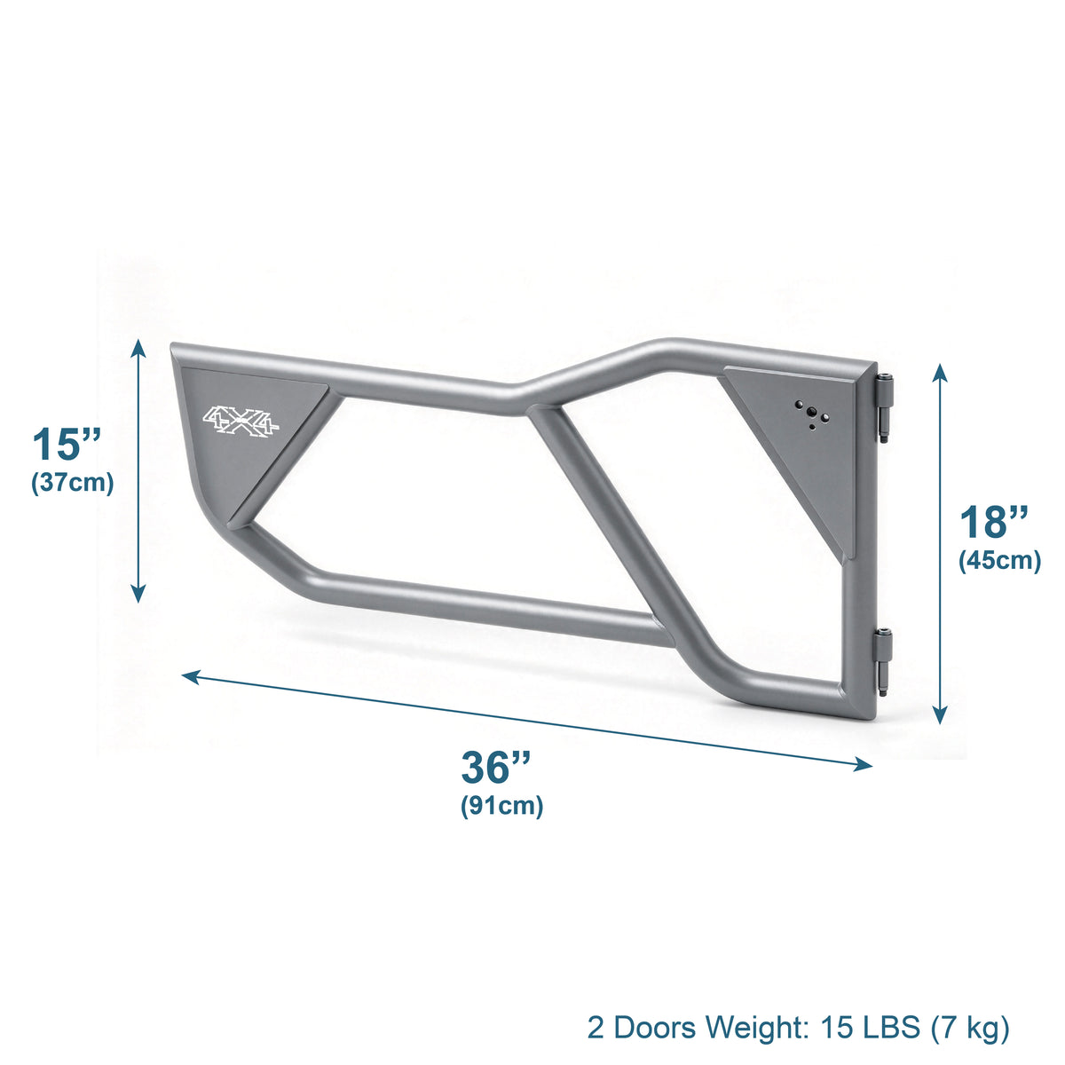 Technical diagram of the EZ4X4 Razor Tube Doors for Jeep TJ and LJ Wrangler shown with labeled dimensions.