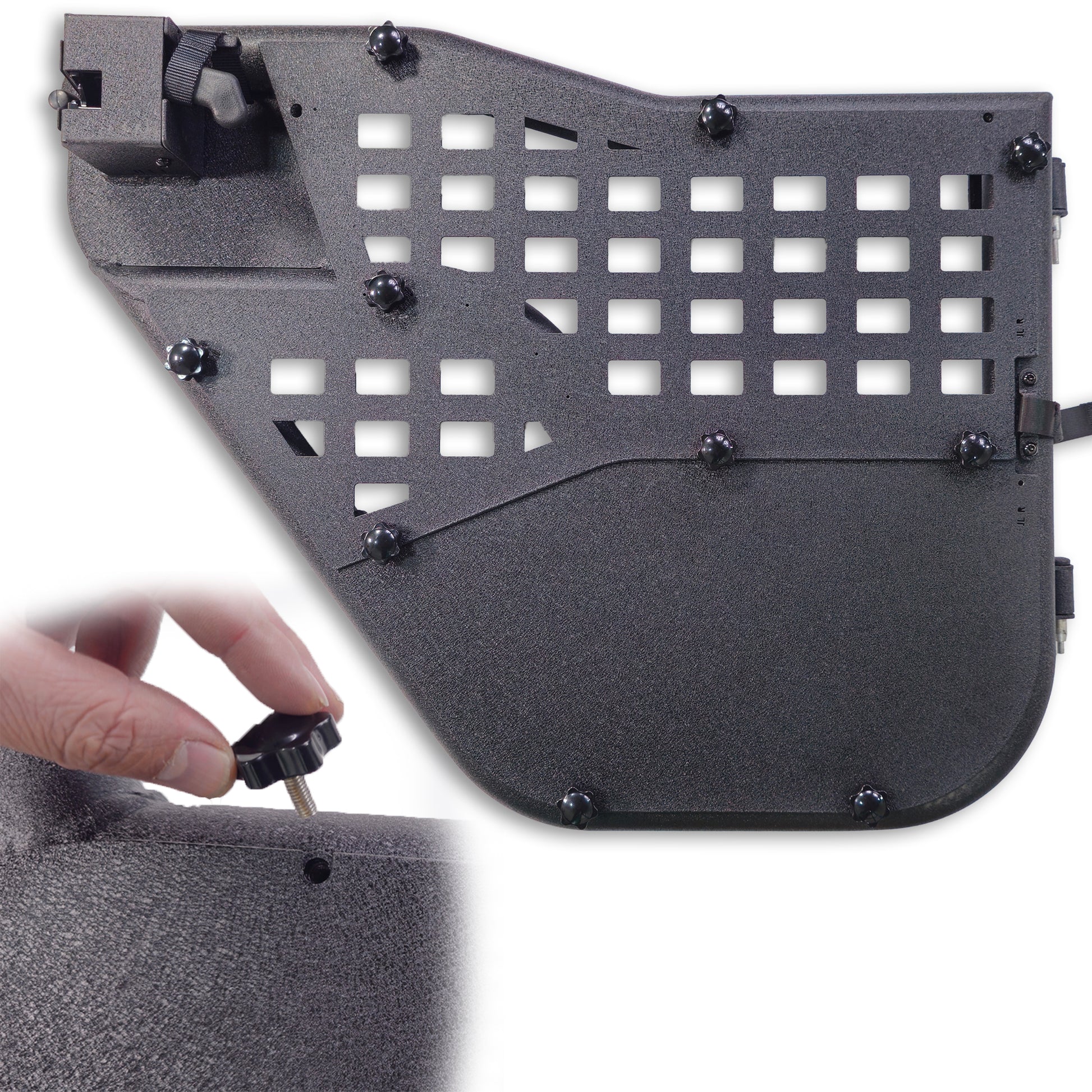 Images showing screw-in attachment of all-weather panels to Alpha tube doors, highlighting secure, proper installation.