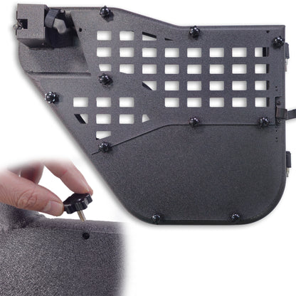 Images showing screw-in attachment of all-weather panels to Alpha tube doors, highlighting secure, proper installation.