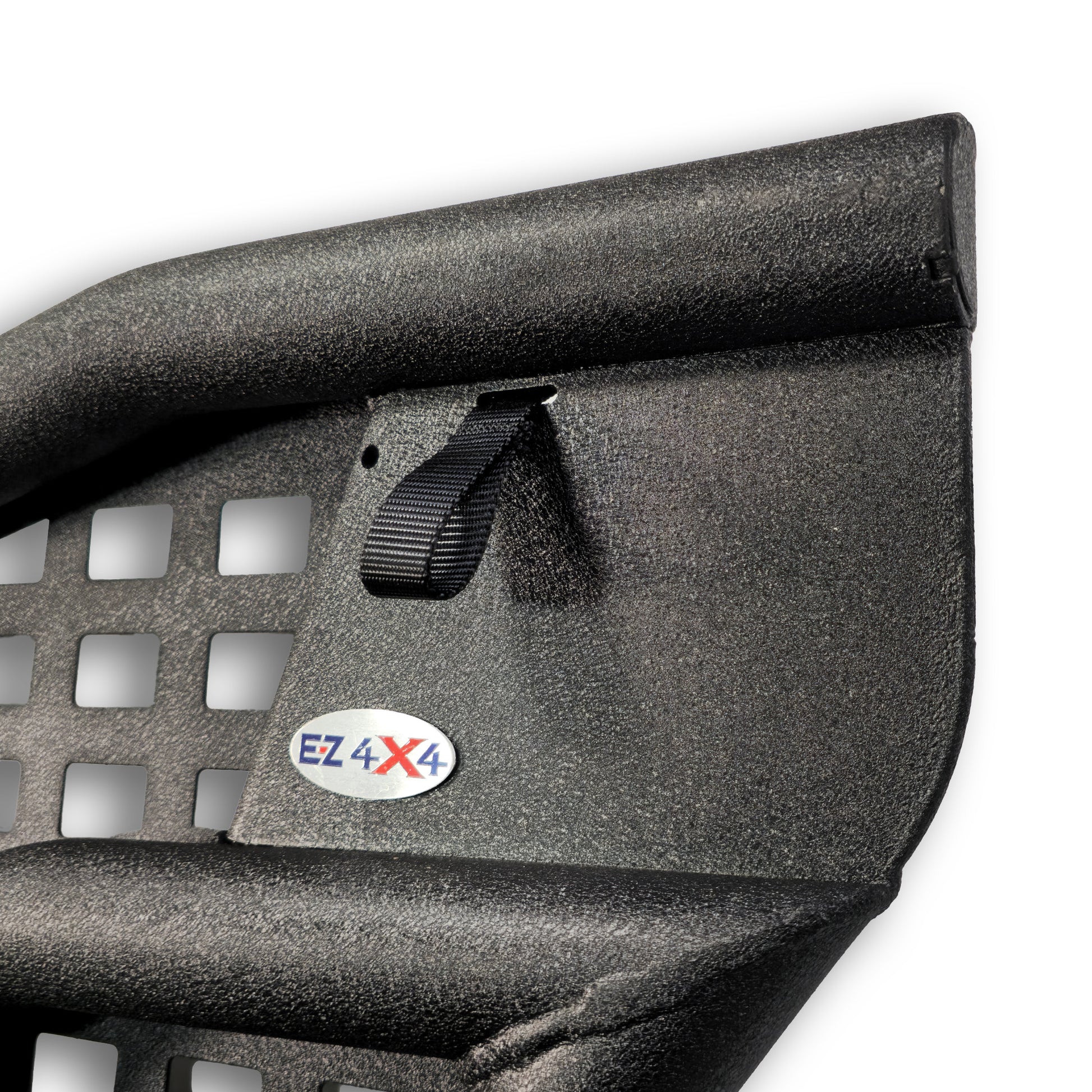 Close-up of pull flap on Alpha aluminum door, showing textured grip and durable material for easy, reliable operation.