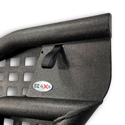Close-up of pull flap on Alpha aluminum door, showing textured grip and durable material for easy, reliable operation.