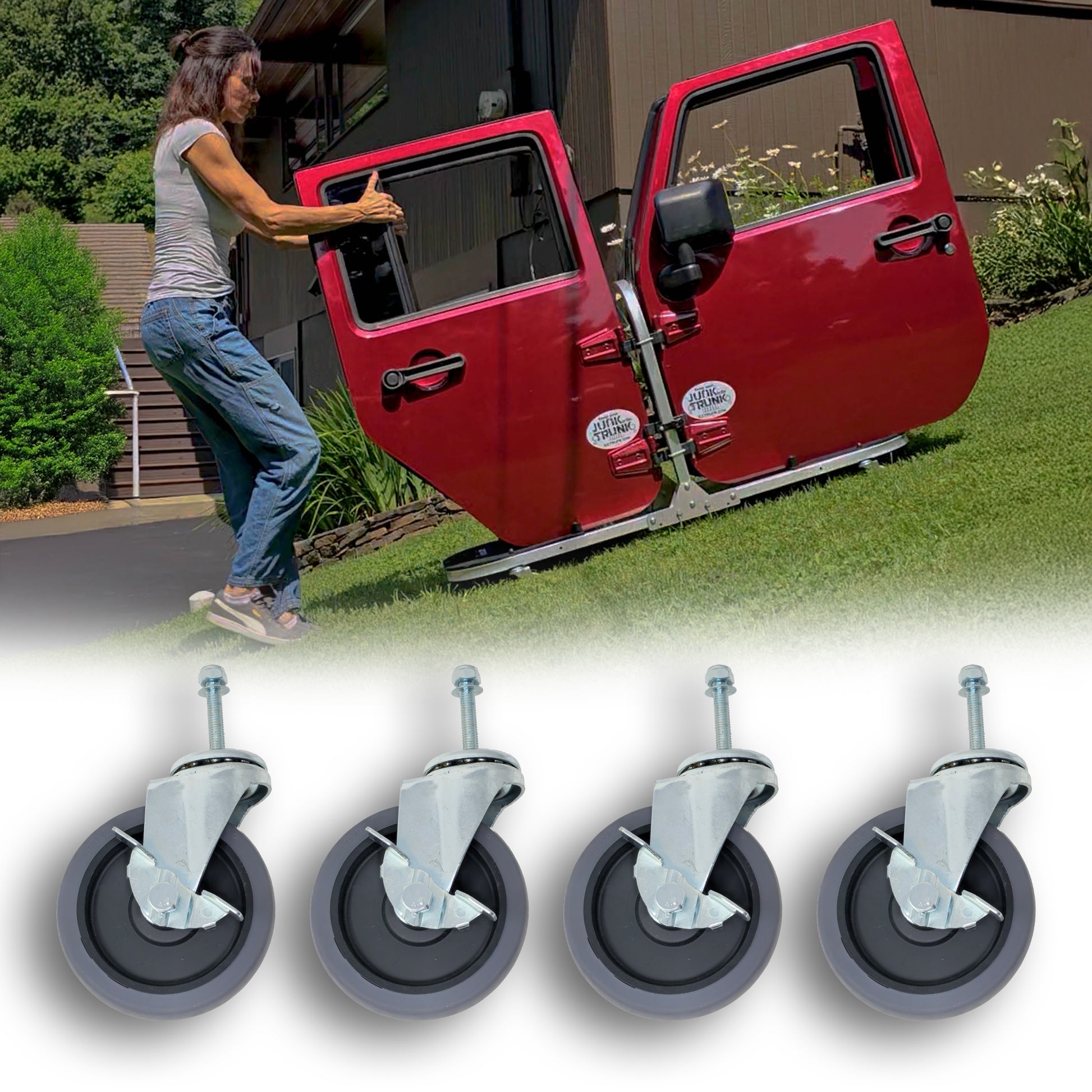 Four 4-inch metal and rubber caster wheels shown as woman uses rolling cart to move red Jeep doors with ease and stability.