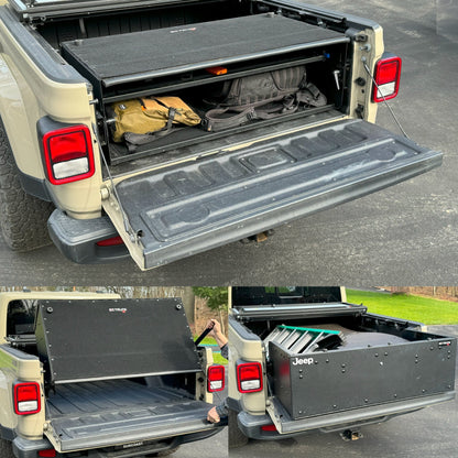EZ4X4 Bed Box and tailgate extender for Jeep Gladiator JT, showing secure truck bed storage and versatile gear organization.