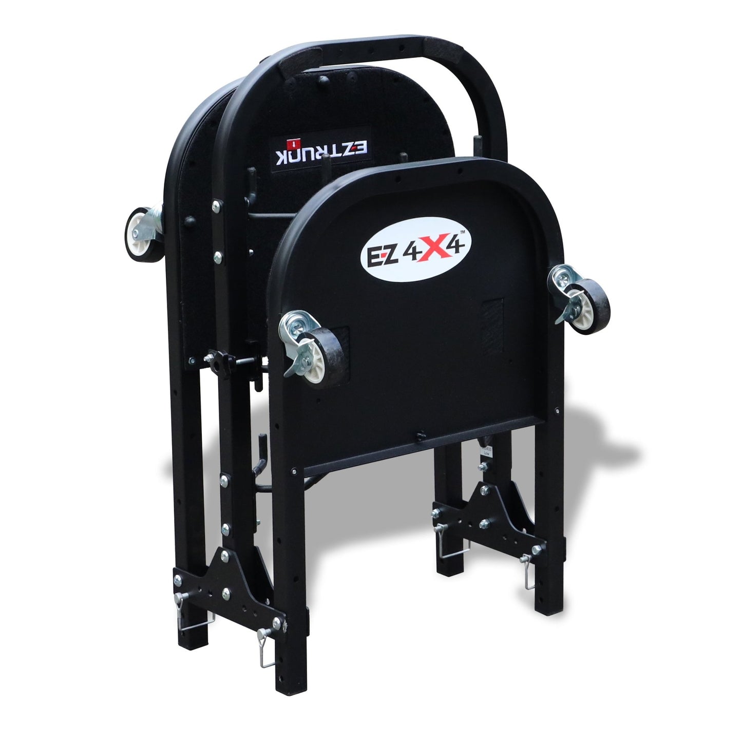 EZ4X4 black door cart folded compactly, showing space-saving design for easy storage and transport of vehicle doors.