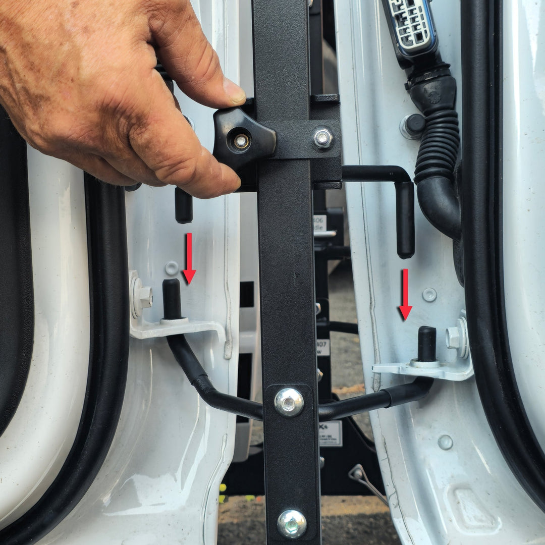 Close-up of EZ4X4 door lock mechanism on cart, showing secure design to keep doors in place without shifting.