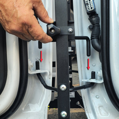Close-up of EZ4X4 door lock mechanism on cart, showing secure design to keep doors in place without shifting.