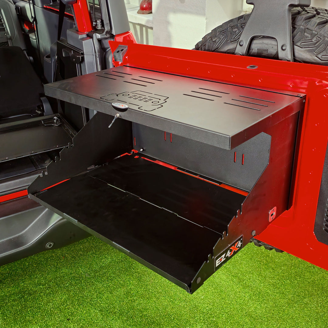 EZ4X4 Extreme Bronco Tailgate Table fully opened and empty, showing the full table surface.