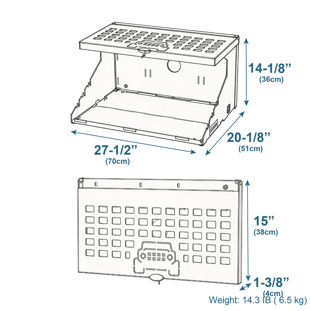 Technical diagram of the EZ4X4 Extreme Level Tailgate Table with MOLLE Top for Ford Broncos shown expanded and folded with labeled dimensions.