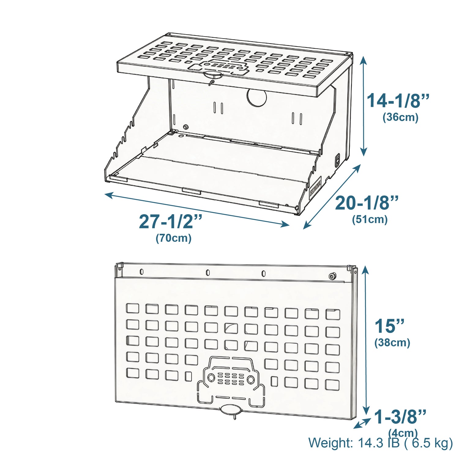 Technical diagram of the EZ4X4 Extreme Level Tailgate Table with MOLLE Top for Ford Broncos shown expanded and folded with labeled dimensions.