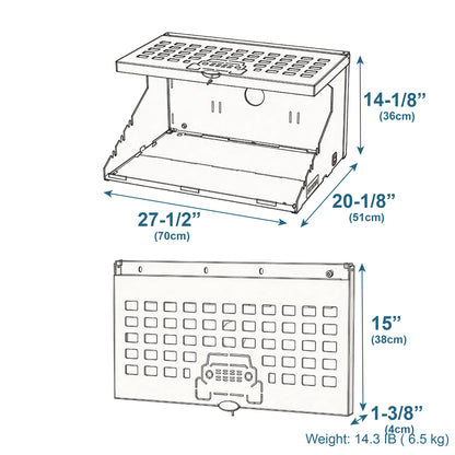 Technical diagram of the EZ4X4 Extreme Level Tailgate Table with MOLLE Top for Ford Broncos shown expanded and folded with labeled dimensions.