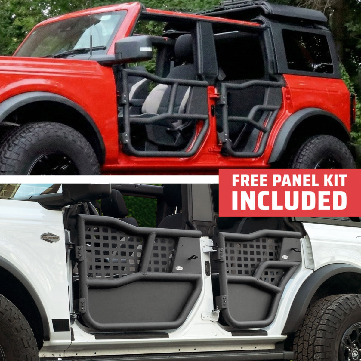 Red and white 4-door Ford Broncos with EZ4X4 Alpha Tube Doors, white model showing MOLLE Panel Set, free panel kit included.