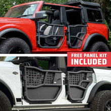 Red and white 4-door Ford Broncos with EZ4X4 Alpha Tube Doors, white model showing MOLLE Panel Set, free panel kit included.
