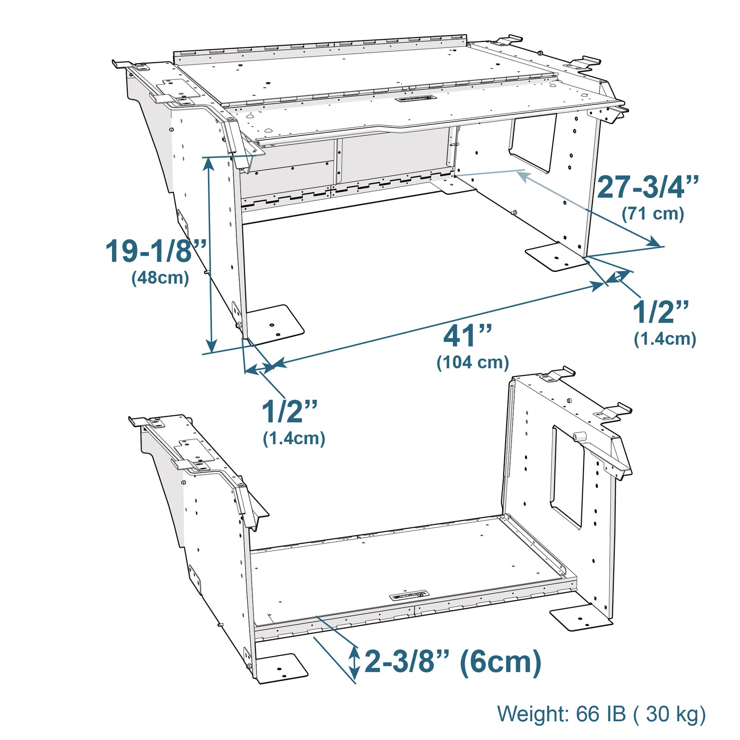 Technical diagram of the EZ4X4 Extreme EZTRUNK for 4-Door Ford Broncos shown expanded and folded with labeled dimensions.