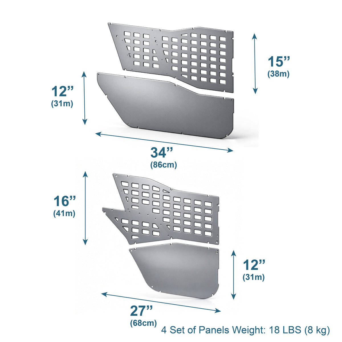 Technical diagram of the EZ4X4 MOLLE Panels for 4-Door Ford Bronco shown with labeled dimensions.