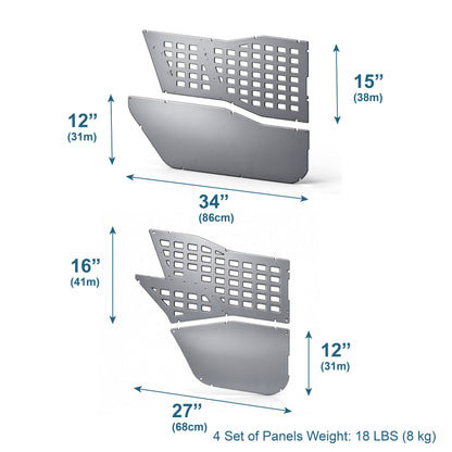 Technical diagram of the EZ4X4 MOLLE Panels for 4-Door Ford Bronco shown with labeled dimensions.