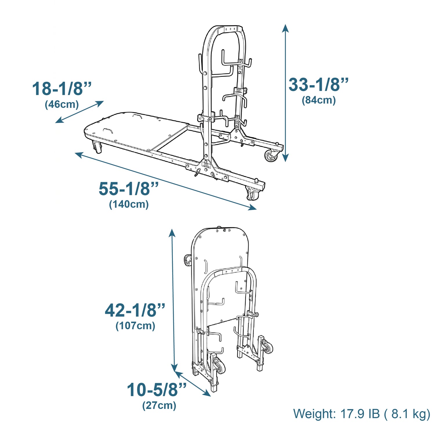 Technical diagram of the EZ4X4 Door Cart for 2-Door Ford Broncos shown expanded and folded with labeled dimensions.