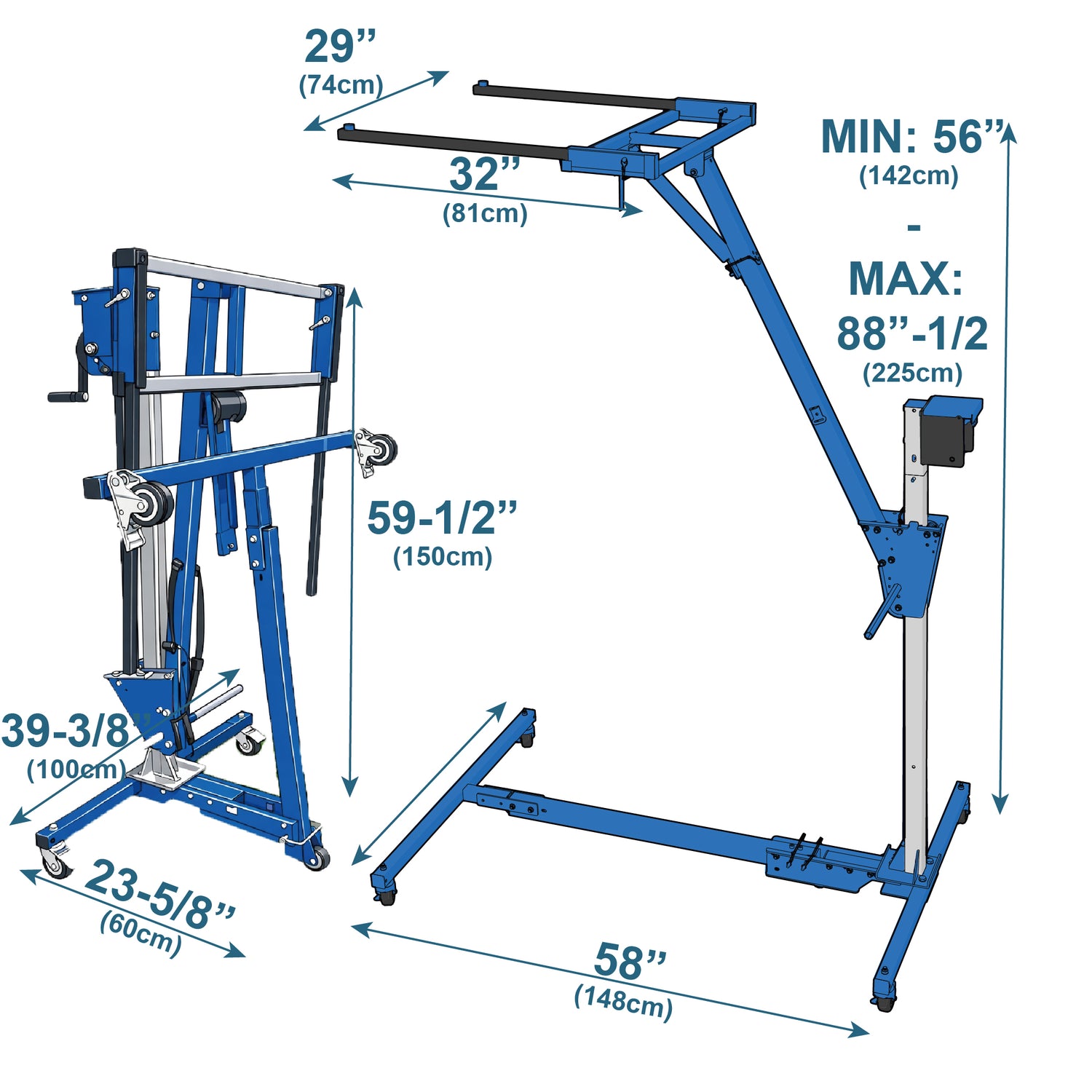 Technical diagram of the EZ4X4 Hard Top Remover Lift for 2-Door Ford Broncos shown expanded and folded with labeled dimensions.