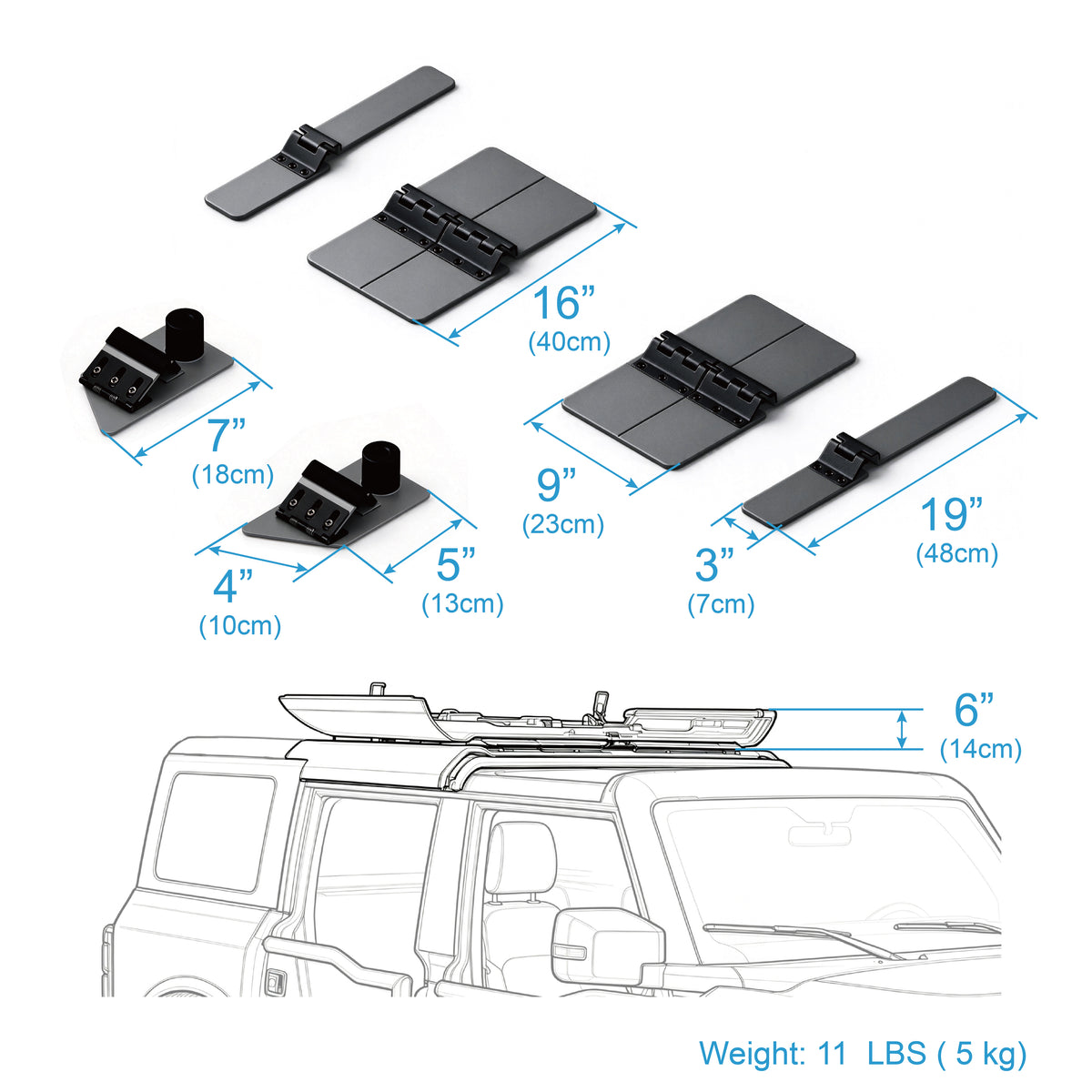 Technical diagram of the EZ4X4 EZ FlipTop for Ford Bronco, showing holder components, labeled dimensions, installed roof profile, and an 11-pound weight.