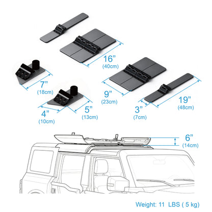 Technical diagram of the EZ4X4 EZ FlipTop for Ford Bronco, showing holder components, labeled dimensions, installed roof profile, and an 11-pound weight.